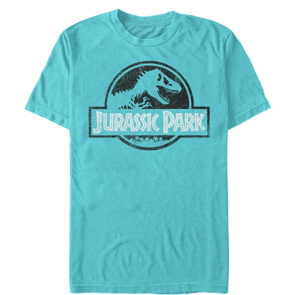 Men's Jurassic Park Vintage Black and White Logo Graphic Tee Tahiti Blue Small