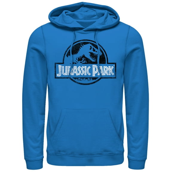 Men's Jurassic Park Vintage Black and White Logo  Pull Over Hoodie Royal Blue Medium