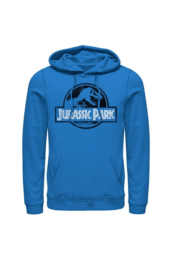 Men's Jurassic Park Vintage Black and White Logo Pull Over Hoodie Royal Blue Small