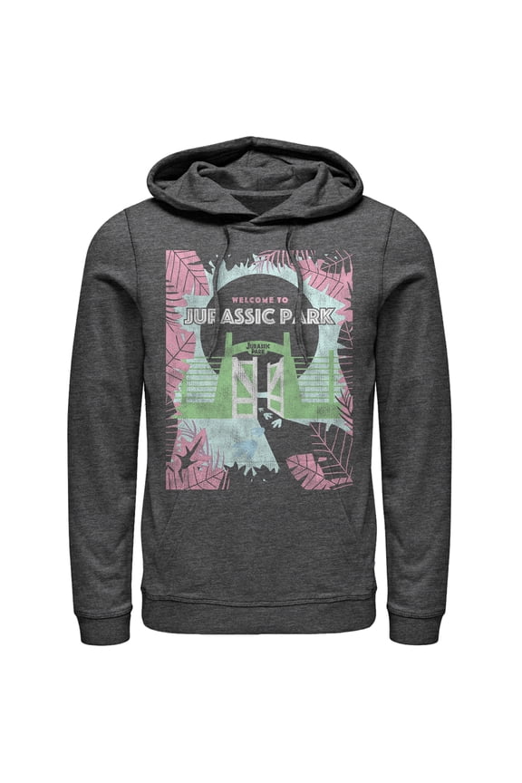 Men's Jurassic Park Welcome Gates Cartoon Pull Over Hoodie Charcoal Heather X Large