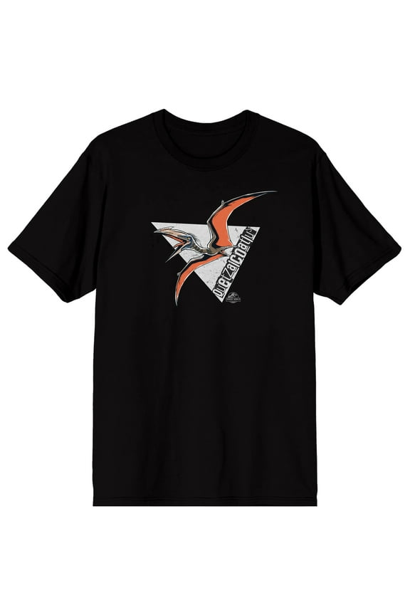 Jurassic: Rebirth Quetzalcoatlus Vector Graphic Triangular Distressed Frame Quetzalcoatlus Text Logo on Black Short Sleeve Adult T-Shirt-Medium