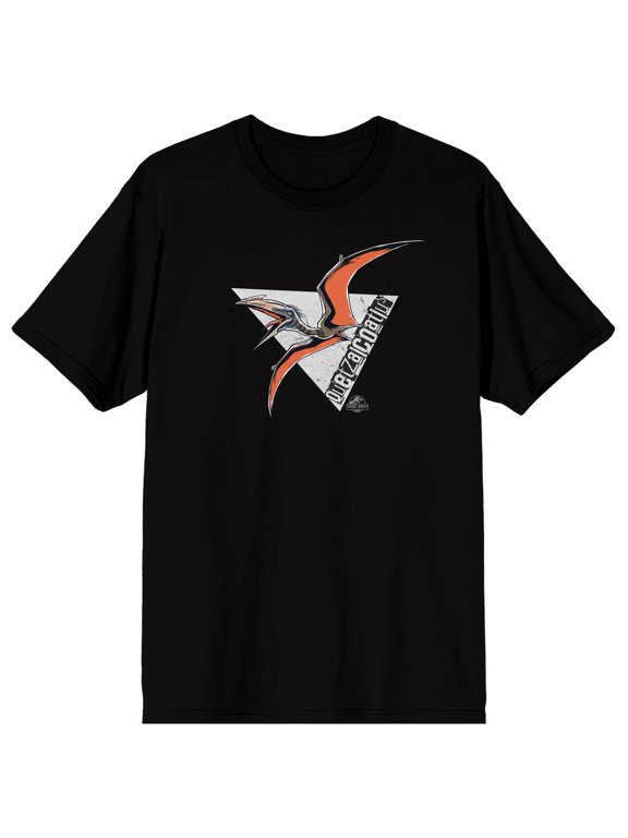 Jurassic: Rebirth Quetzalcoatlus Vector Graphic Triangular Distressed Frame Quetzalcoatlus Text Logo on Black Short Sleeve Adult T-Shirt-XXL