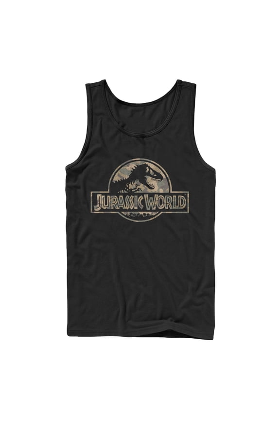 Men's Jurassic World Camouflage Print Logo Tank Top Black 2X Large