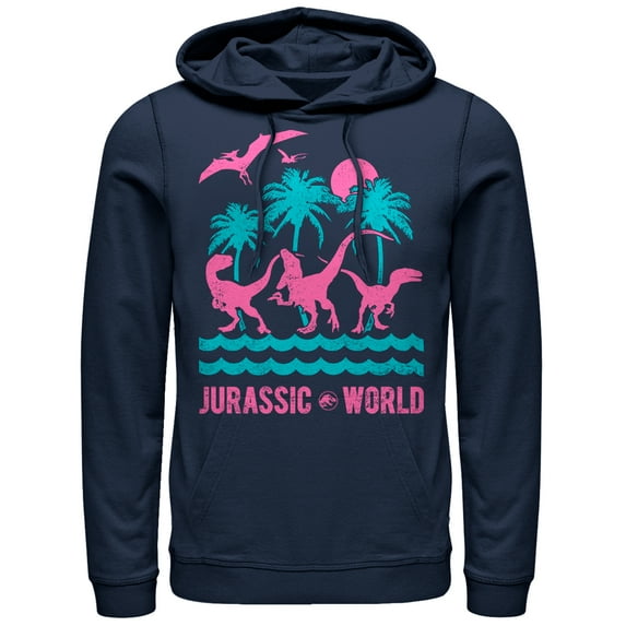 Men's Jurassic World: Fallen Kingdom Tropical Dinosaurs Pull Over Hoodie Navy Blue X Large