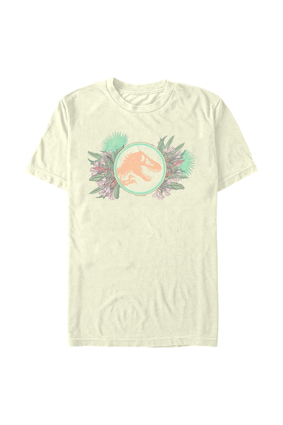 Men's Jurassic World Floral T-Rex Logo  Graphic Tee Beige Medium