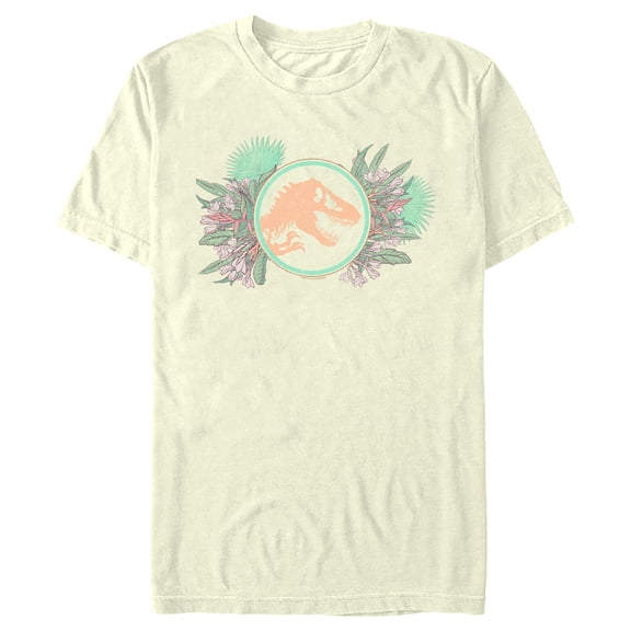 Men's Jurassic World Floral T-Rex Logo Graphic Tee Beige Small