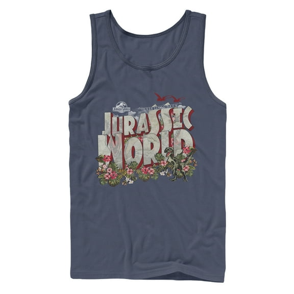 Men's Jurassic World Greetings From Paradise Tank Top Navy Blue Medium