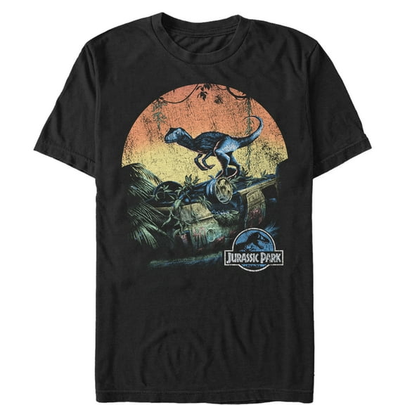 Men's Jurassic World Retro Raptor Sunset  Graphic Tee Black 3X Large