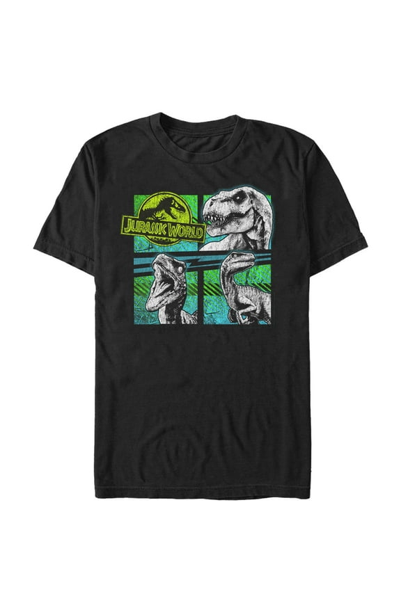 Men's Jurassic World T. Rex and Velociraptors Graphic Tee Black Medium