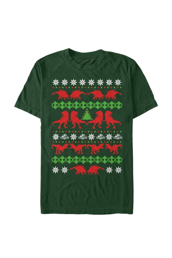 Men's Jurassic World Ugly Christmas T.Rex Graphic Tee Dark Green Medium