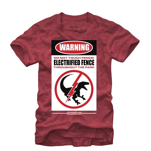 Men's Jurassic World Warning Electrified Fence Graphic Tee Red Heather Small