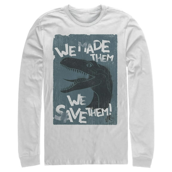 Men's Jurassic World We Made Them We Save Them  Long Sleeve Shirt White Small