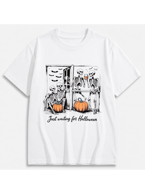 Men's Just Waiting for Halloween Skeletons Skeleton Shirt, Halloween Graphic Short Sleeve T-Shirt