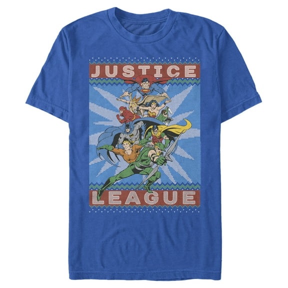 Men's Justice League Christmas Sweater Style Action Pose  Graphic Tee Royal Blue 3X Large