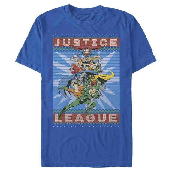 Men's Justice League Christmas Sweater Style Action Pose Graphic Tee Royal Blue Small
