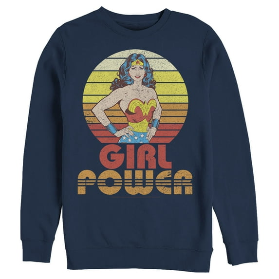 Men's Justice League Girl Poser Striped Sunset Poster Sweatshirt Navy Blue Small