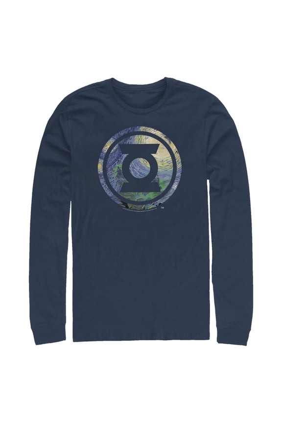 Men's Justice League Green Lantern Starry Night Logo Long Sleeve Shirt Navy Blue Medium