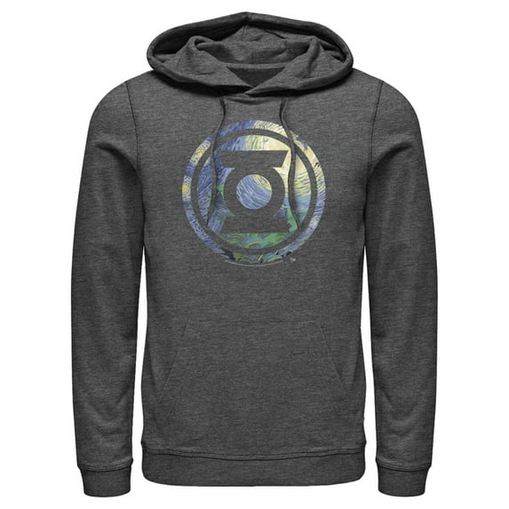 Men's Justice League Green Lantern Starry Night Logo Pull Over Hoodie Charcoal Heather X Large
