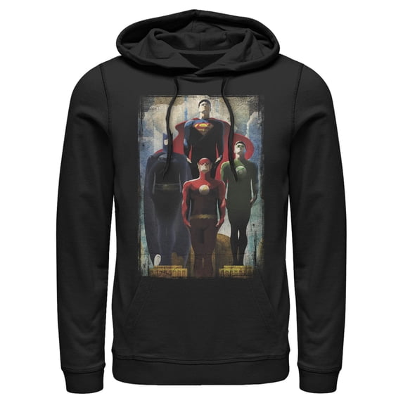 Men's Justice League Hero Artistic Poster Pull Over Hoodie Black X Large