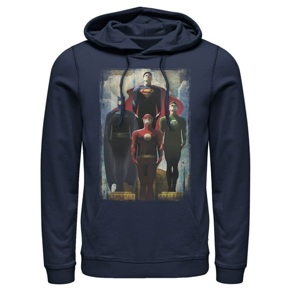 Men's Justice League Hero Artistic Poster Pull Over Hoodie Navy Blue Small
