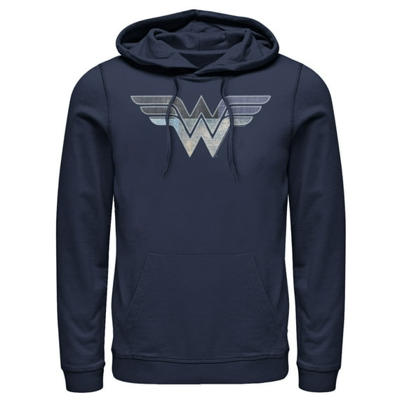 Men's Justice League Patchwork Logo Pull Over Hoodie Navy Blue Small