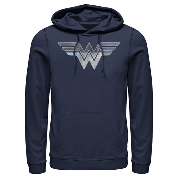 Men's Justice League Patchwork Logo Pull Over Hoodie Navy Blue X Large