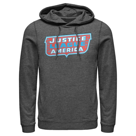 Men's Justice League Patriotic Frame Logo Pull Over Hoodie Charcoal Heather Large