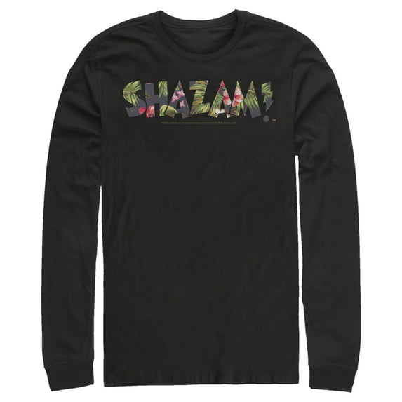 Men's Justice League Shazam Tropical Logo Long Sleeve Shirt Black Medium