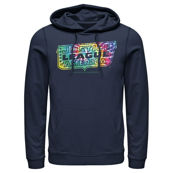Men's Justice League Tie Dye Emblem Pull Over Hoodie Navy Blue Medium
