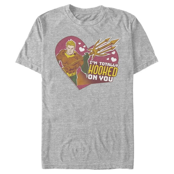 Men's Justice League Valentine's Day Aquaman I'm Totally Hooked on You Graphic Tee Athletic Heather X Large