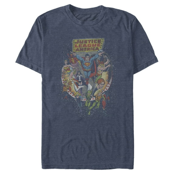Men's Justice League Vintage Hero Collage Graphic Tee Navy Blue Heather Large