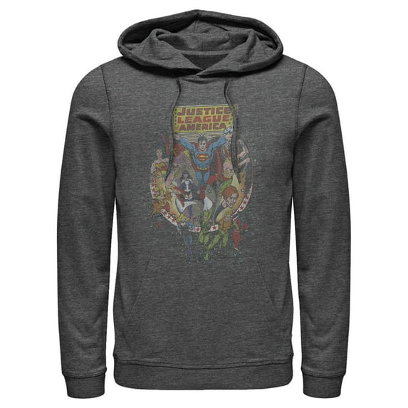 Men's Justice League Vintage Hero Collage Pull Over Hoodie Charcoal Heather Medium
