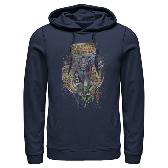 Men's Justice League Vintage Hero Collage  Pull Over Hoodie Navy Blue Small