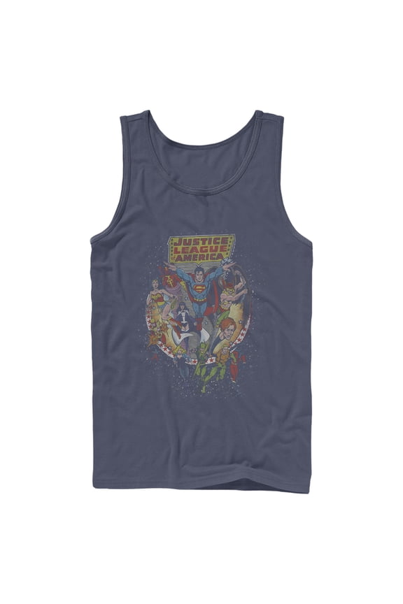 Men's Justice League Vintage Hero Collage  Tank Top Navy Blue Large