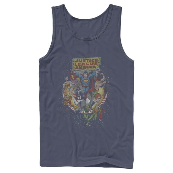 Men's Justice League Vintage Hero Collage Tank Top Navy Blue Medium