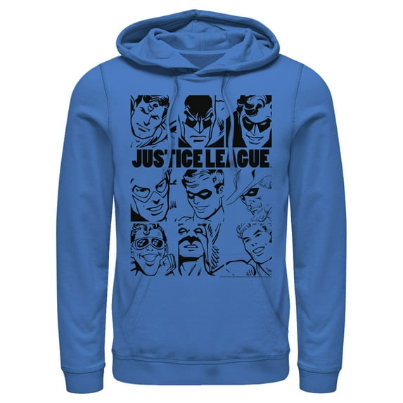 Men's Justice League Vintage Hero Panels Pull Over Hoodie Royal Blue 2X Large