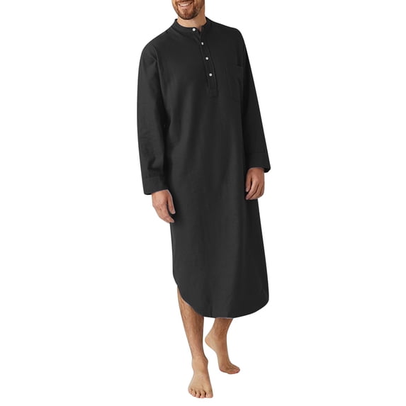 Men's Kaftan Thobe Long Sleeve Muslim Robe Button Up Side Split Kaftan Thobe with Front Pocket Black 3XL