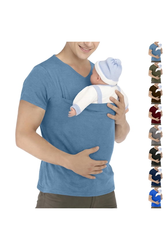 Men's Kangaroo Pocket T-shirt with V-Neck and Short Sleeves Featuring Extra Large Pouch for Holding Newborns Babies Toddlers Black M