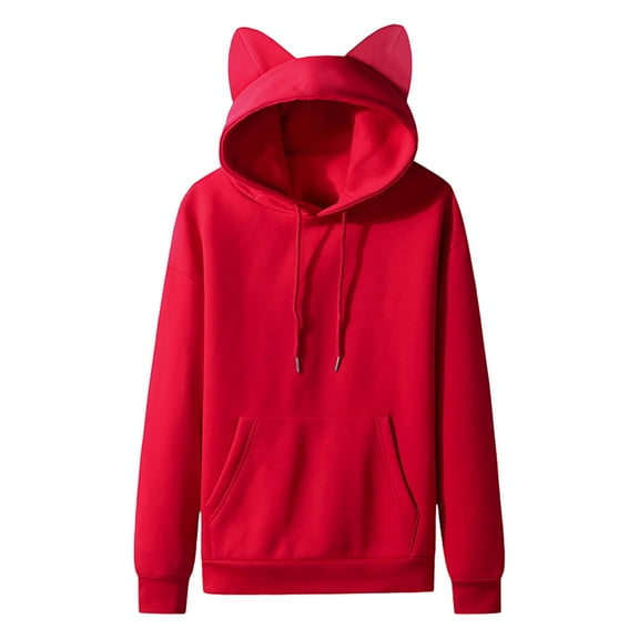 Men's Kawaii Cat Ears Hoodie Long Sleeve Fleece Sweatshirt Solid Color Casual Pullover Cute Couples Top with Pocket