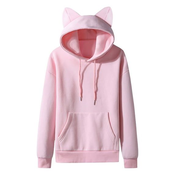 Men's Kawaii Cat Ears Hoodie Long Sleeve Fleece Sweatshirt Solid Color Casual Pullover Cute Couples Top with Pocket