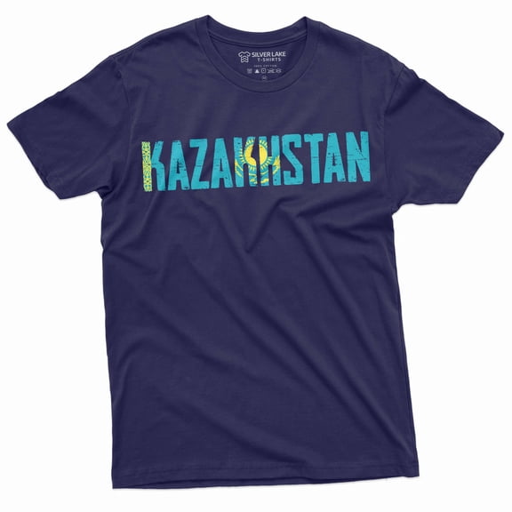 Men's Kazakhstan T-shirt Kazakhstani flag coat of arms country nation tee shirt Kazakh mens tee (X-Large Navy Blue)