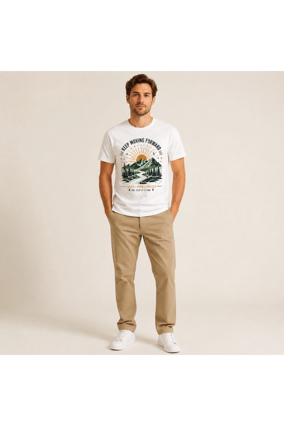 Men's Keep Moving Forward Mountain Graphic T-Shirt, White Short Sleeve Crew Neck Tee for Outdoor Hiking Summer Casual Wear,S,Black C