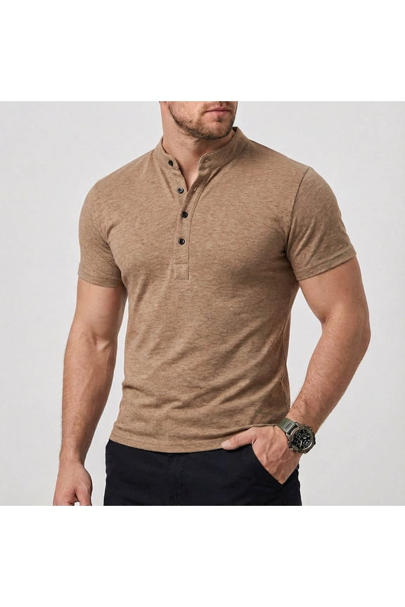 Men's Khaki T-Shirt Stand Collar Short Sleeve Casual Top, Slim Fitting Button Placket Tee Shirts for Business Sports Daily Wear Khaki M