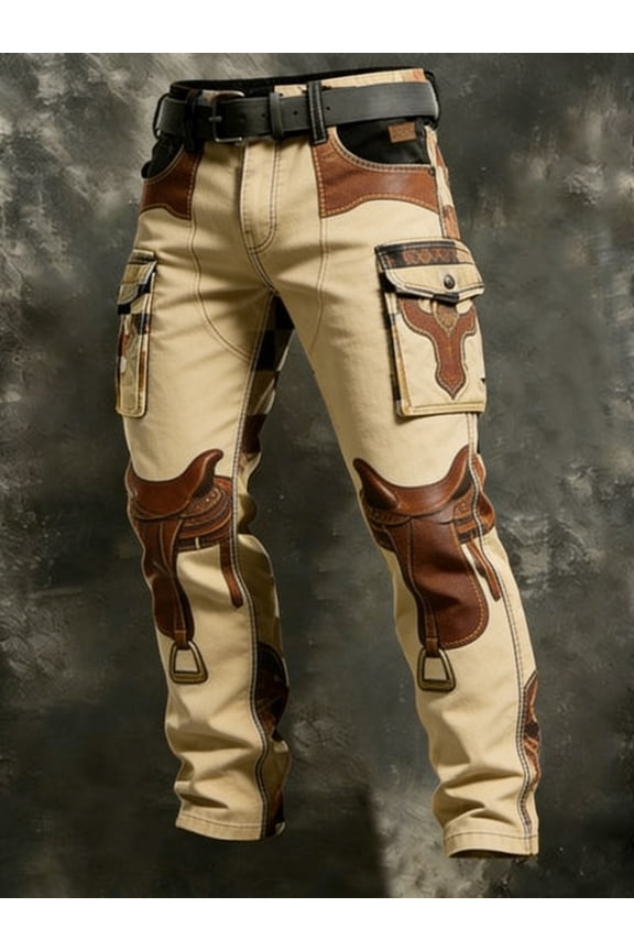 Men's Khaki Western Saddle Print Cargo Pants, American Retro Cowboy Style, Rugged & Casual Vibe, All-Season Wear, Ideal for Dates & Casual Occasions