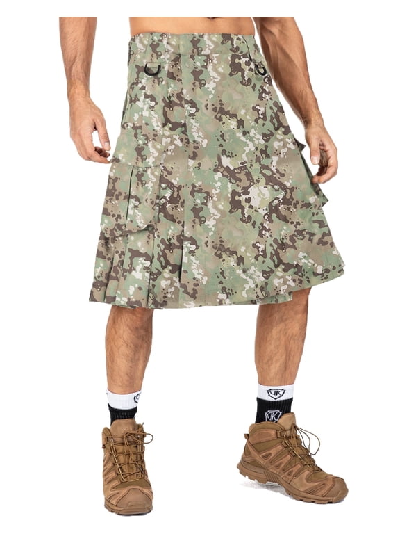 Men's Kilt Camo Scottish Utility Kilt, 25" Mens Kilt, Irish Highland Hybrid Kilts with Pockets