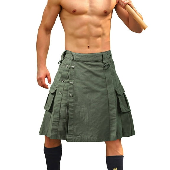 Men's Kilt Camo Scottish Utility Kilt, 25" Mens Kilt, Irish Highland Hybrid Kilts with Pockets