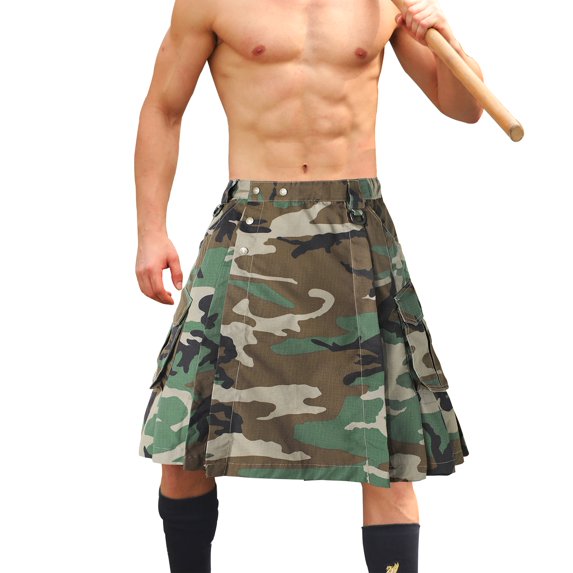 Men's Kilt Camo Scottish Utility Kilt, 25" Pleated Tactical Kilt, Irish Highland Hybrid Kilts with Pockets