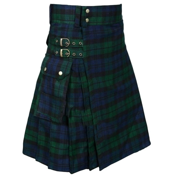 Men's Kilt Modern Tartan Kilt Scottish Tradition Pleated High Waist Pocket Kilt with Leather Buckle Trim