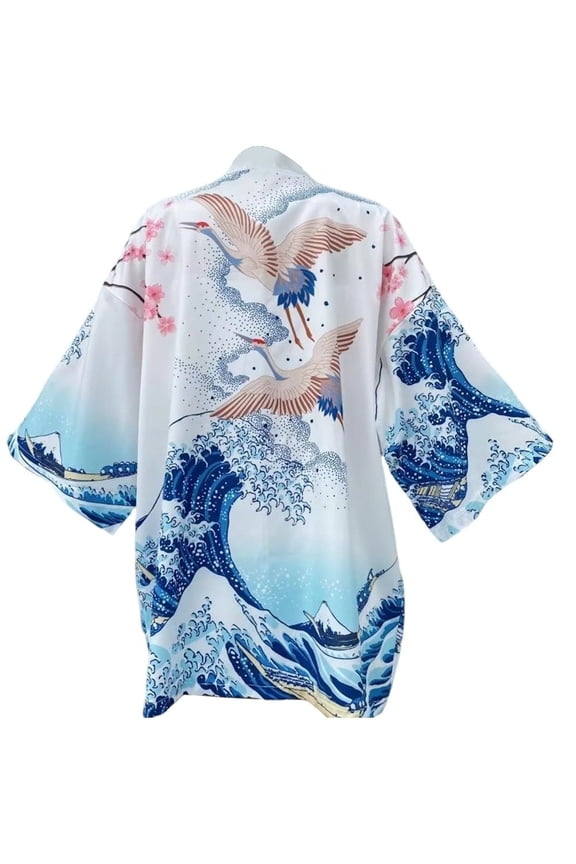 Men's Kimono Cardigan Jacket Japanese Style Flying Crane Seven Sleeves Open Front Coat