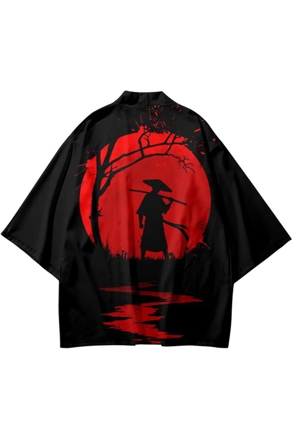 Men's Kimono Cardigan Jacket Japanese Style Japanese-style Samurai Print Seven Sleeves Open Front Coat